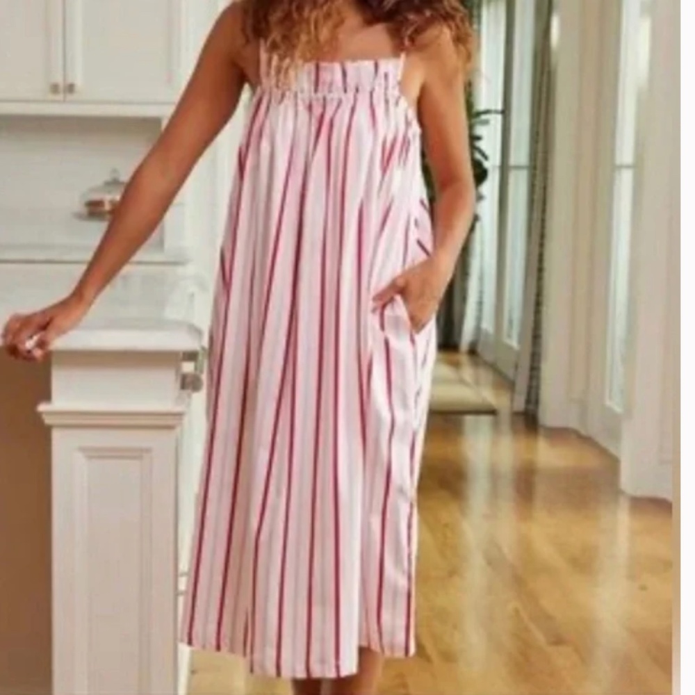 LAKE Poplin Ruffle Midi Candy Stripe Pockets Nightgown Size Large
